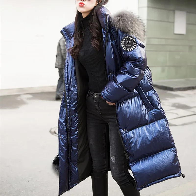 Утепленный пуховик с капюшоном, Женская стильная Глянцевая пуховая куртка, зимняя плотная куртка с капюшоном, белое пуховое пальто