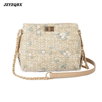 

Vintage Women Rattan Bag Women's Straw Bag Handmade Weaving Shells Bags Bohemian Bud Silk Embroidered Beach Bag