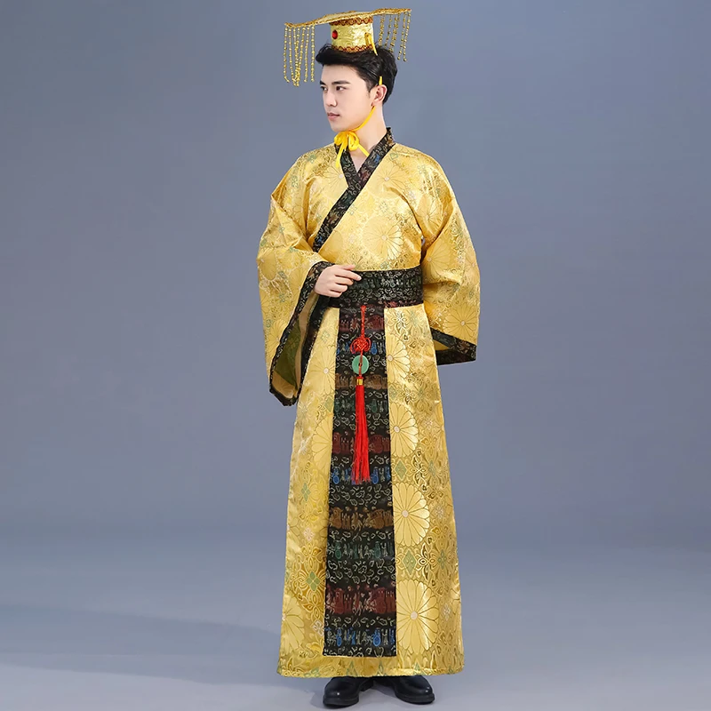Взрослый Китайский традиционный ханьфу платье для мужчин император король сцена желтая одежда костюм Тан костюмы мужской Халат+ шляпа наборы