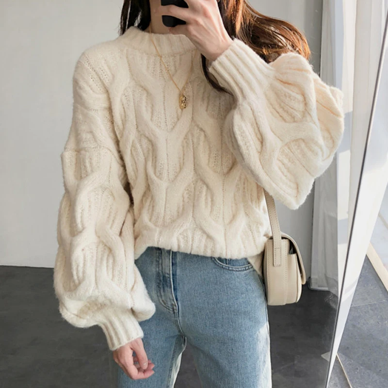 

SHIJIA Lantern Sleeve Solid Female Knit Jumpers 2020 O-neck Thicken Knitting Pullovers for Women Winter Twisted Sweaters