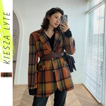 Blazer à carreaux en laine pour femme, veste en Tweed, manteau en laine, Vintage, couleur marron, à carreaux, Slim avec ceinture, collection hiver 