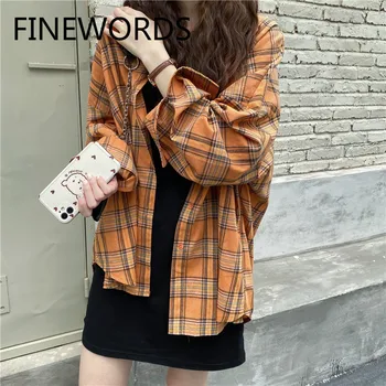 

FINEWORDS Korean Orange Plaid Printed Women Blouses Long Sleeve Autumn Shirts Loose Casual Daily Wear Retro Basic Shirts Tops