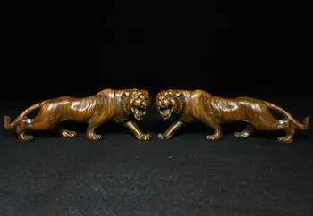 

wedding decoration China Folk Boxwood wood Carving Fengshui 12 Zodiac Year Tiger animal Statue Pair