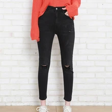 Осень зима женские джинсовые узкие брюки стрейч Высокая талия вымытые синие разрушить/рваные тонкие эластичные женские джинсы