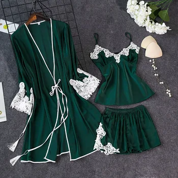 

2020 Spring Autumn Women Silk Pajamas Set Solid Color Sleepwear Lace Sleeveless Camisole High Waist Short Three-piece Set