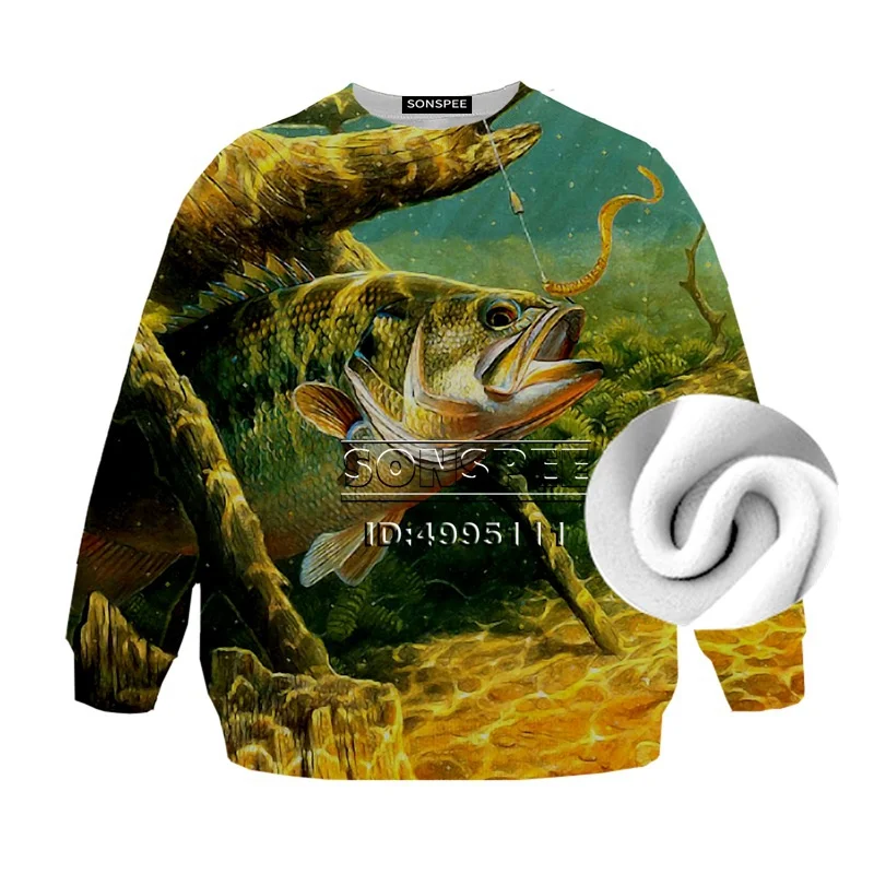 SONSPEE Fishing Fish Bird Eagle 3D Print Fleece Thick Casual Sweatshirt hoodies Boy Girl Kid Children Clothing Long Sleeve