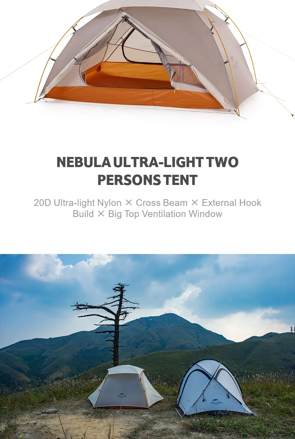 Naturehike Outdoor Camping Ultralight Tent Nebula 20D Nylon Double Layers X Structure Snow-proof Top 1-2 Person Tents NH19zp011