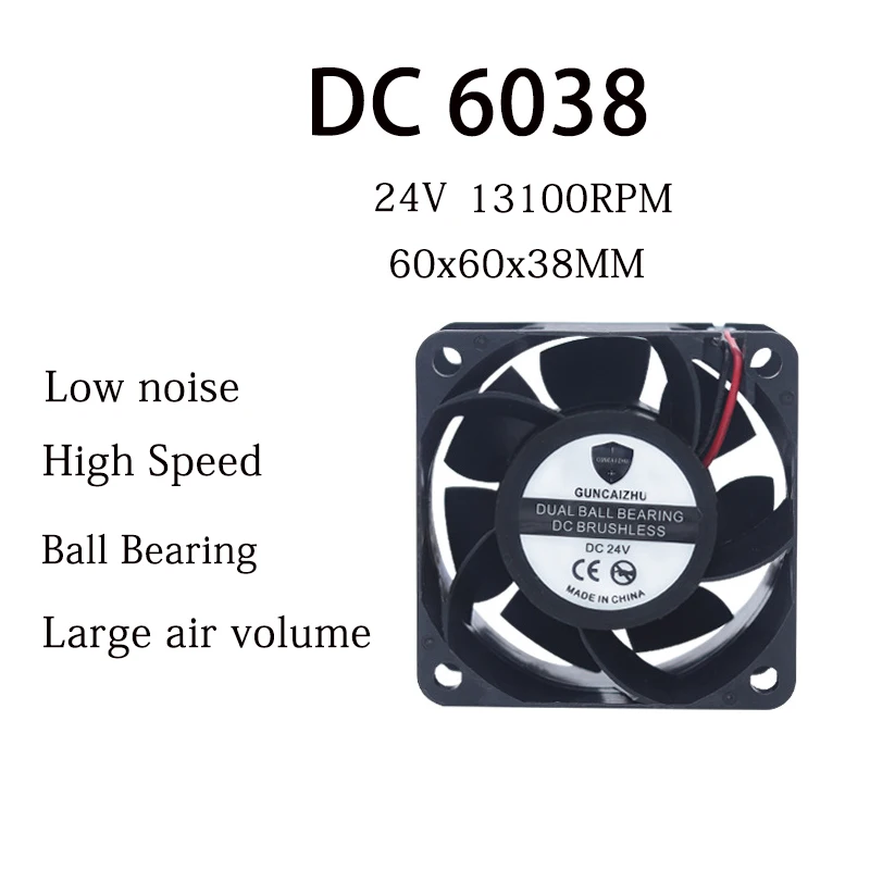 

NEW DC 6038 Cooling fan 24V 60x60x38MM Ball Bearing High speed Low noise 13100RPM 0.38A Frequency converter with 2pin