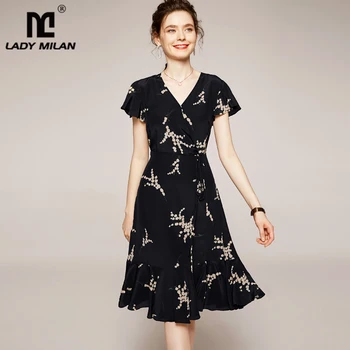

100% Silk Women's Runway Dress Sexy V Neck Flare Short Sleeves Printed Lace Up Fashion Casual Summer Dresses
