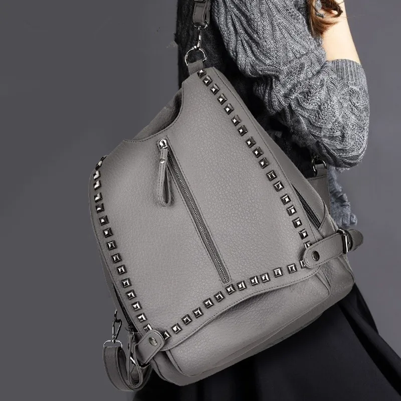 

2020 new rivet large capacity simple fashion washed soft leather shoulder bag female bag travel backpack school bag pu