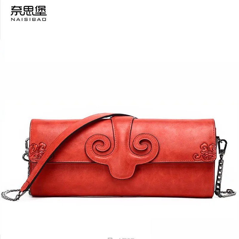 

NAISIBAO 2019 New women bag genuine leather brands fashion quality Head layer cowhide embossed retro wallet women Clutch bag