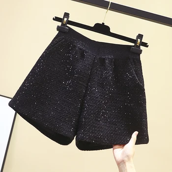 

Sequins Tweeds Female Shorts 2020 New Autumn Winter All-match Elastic Waist Black Shorts Wide Leg Woolen Shorts Boots Shorts