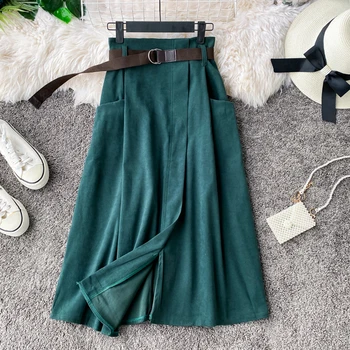 

2020 Spring Summer High Waist Women's Skirts A-line Irregular Ins Fashion Double Pockets Female Long Skirt Falda With Belt New