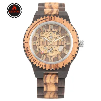 

REDFIRE Mechanical Wood Watch Men Self Winding Gold Skeleton Wooden Watch Roman Numerals Display Men Watches reloj masculino