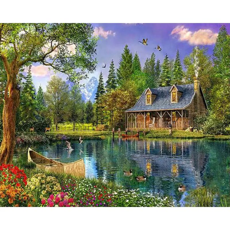 

SELILALI Painting By Numbers Kits For Adults House Beside River Landscape Picture By Number Diy Framed HandPainted Unique Gift