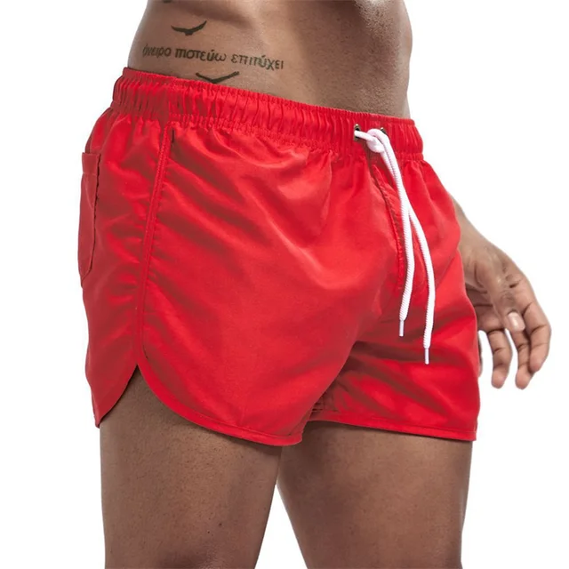 New Men's Summer Swimwear Solid Color Beach Board-shorts Swimsuits Running Sports Casual Breathable Homme Short Pants Red