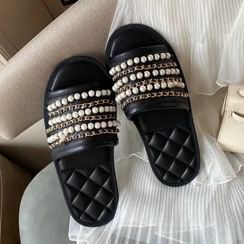 

flip flops women summer 2020 flats shoes women Fashion Pearl Chain decoration Genuine Leather Material is luxurious High quality