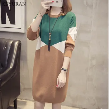 

Contrast Color Patchwork Pullovers Sweater Women Winter Knitted Dress Loose Jumper 2020 New Pull Femme Oversized Sweater Knitwer