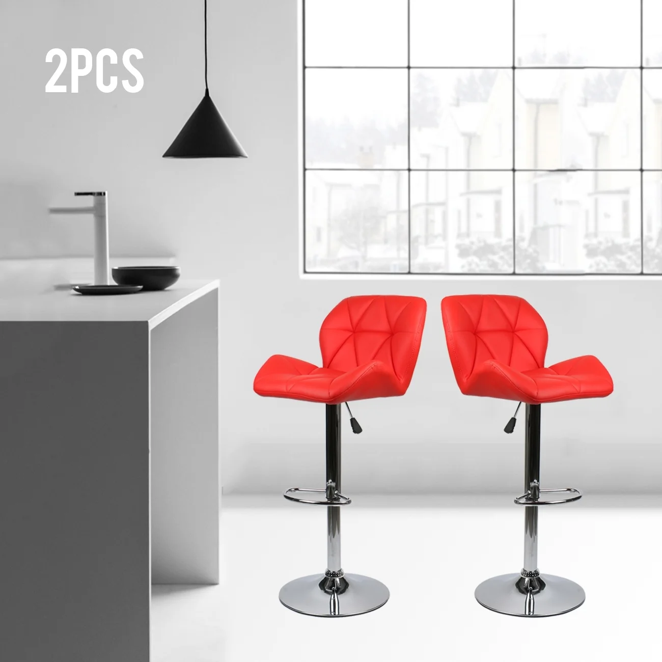 

Set Of 2 Leather Bar Stool Adjustable Seat Counter Height Chair Dining Swivel Red