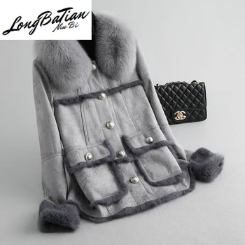 Billige NatĂŒrliche Echt Weibliche Kaninchen Mantel Winter Frauen Fuchs Pelz Kragen Faux Leder Jacke Manteau Femme MY4721