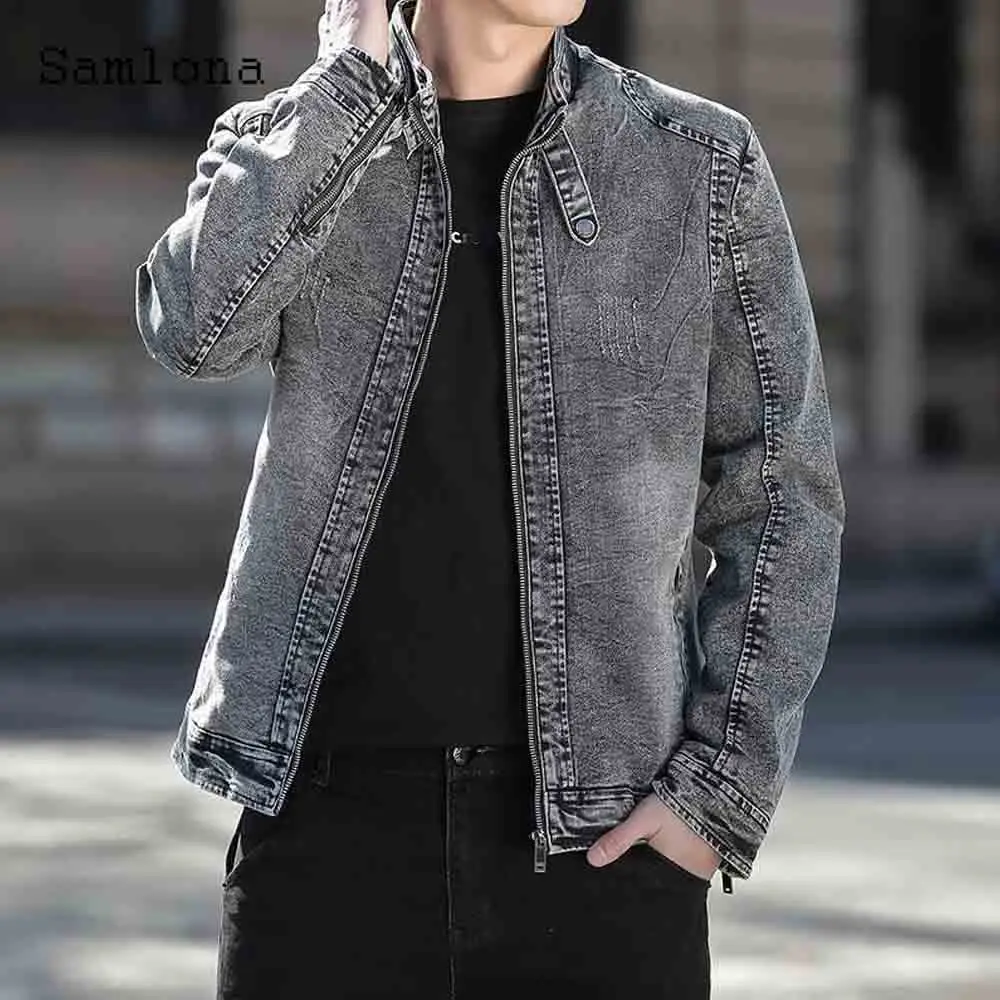 2021 Demin Jacket Slim Men Streetwear Fashion Zipper Demin Coats Mandarin Collar Tops Male Skinny Jean Outerwear Plus Size S-5XL