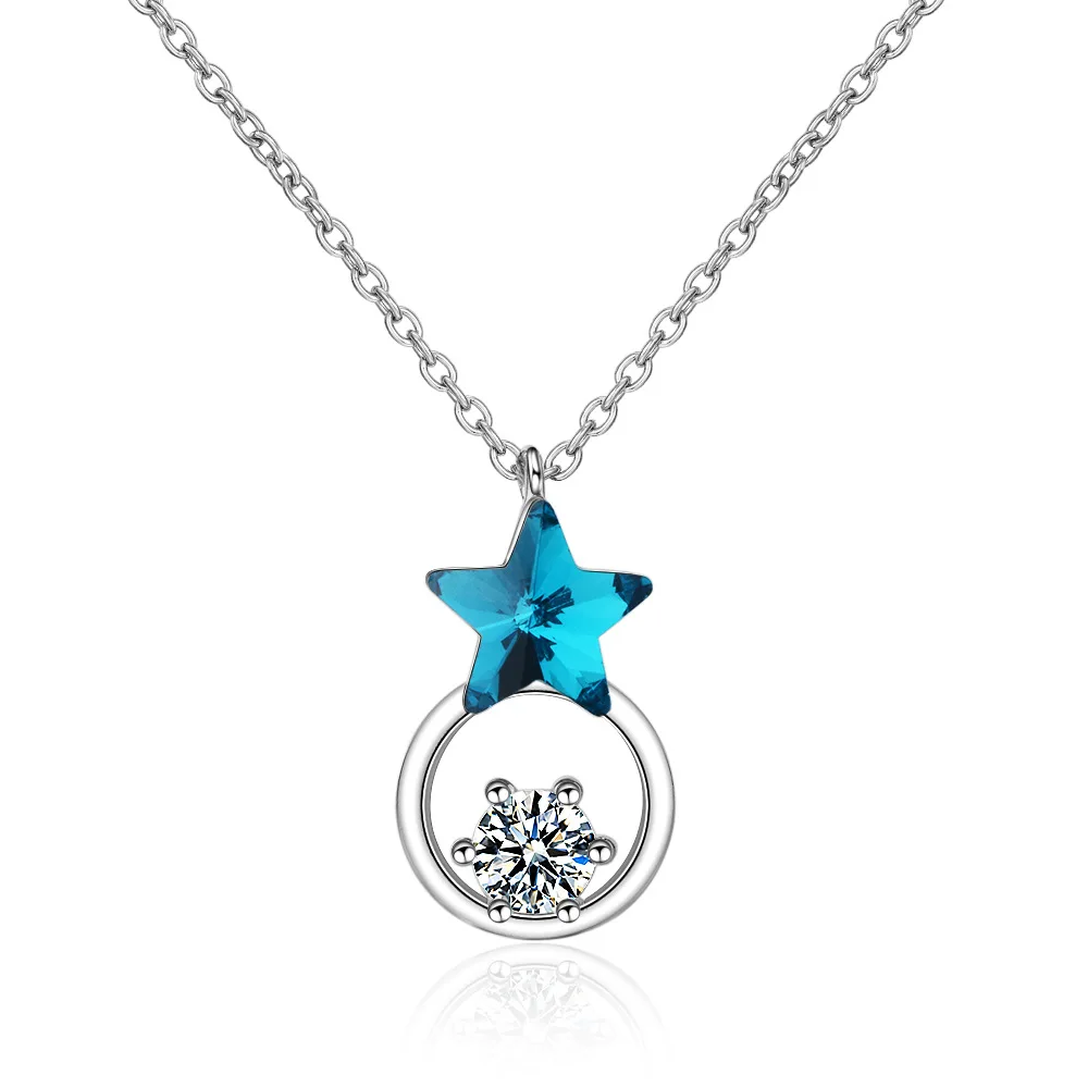 

Korean-style Blue Star Choker Circular Ring Rhinestone Necklace Pendant Women's Sense of Design Non-mainstream Normcore Style Ac