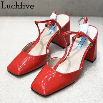 

Square toe Shallow Mouth Chunky High heel Shoes Women Sexy Red Patent Leather Ankle T-strap Buckle Pumps Party Sandals Woman