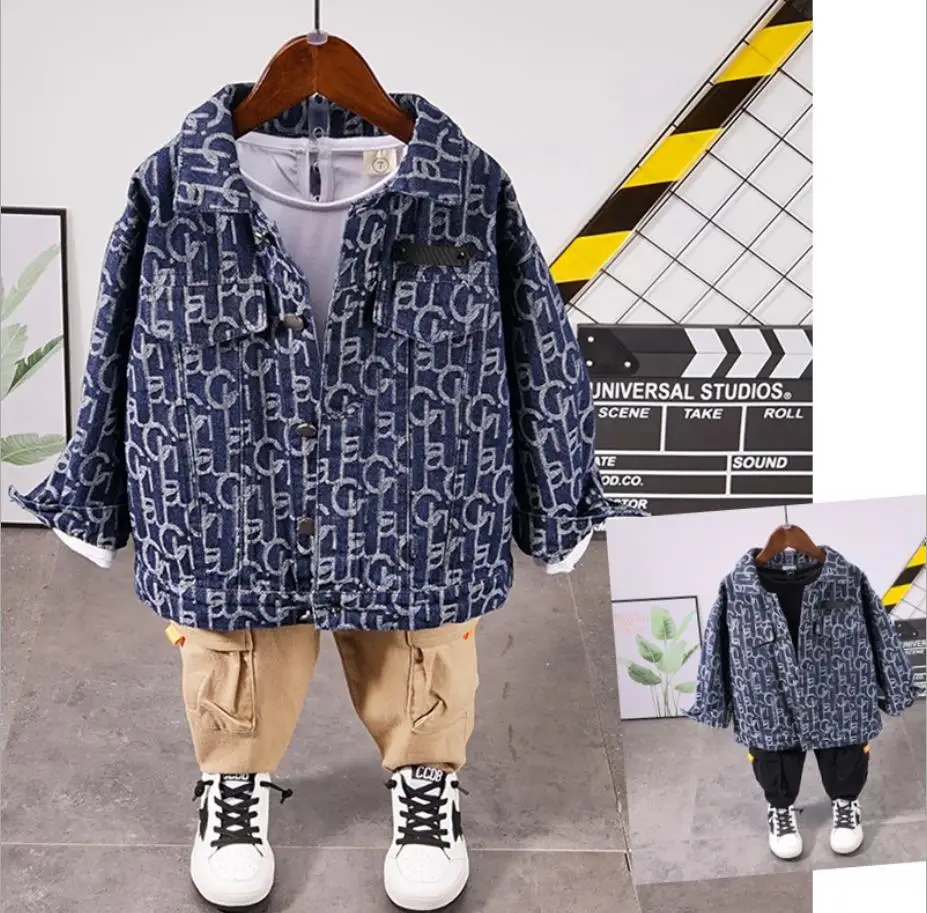 

Baby Boy Clothes Suits Toddler Boys Clothing Set Autumn Children Boys Denim Jacket + T-Shirt + Cargo Pants 3pcs Clothes Sets