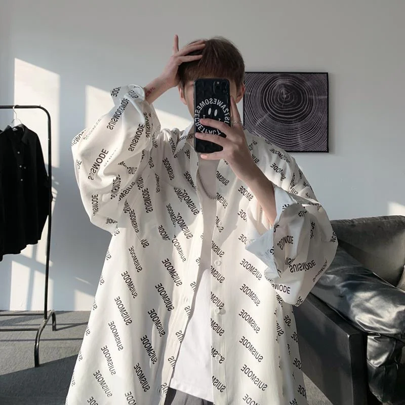 

Рубашка с надписью, Мужская трендовая универсальная Свободная рубашка с длинными рукавами в японском стиле унисекс, красивая уличная одежда с оборками
