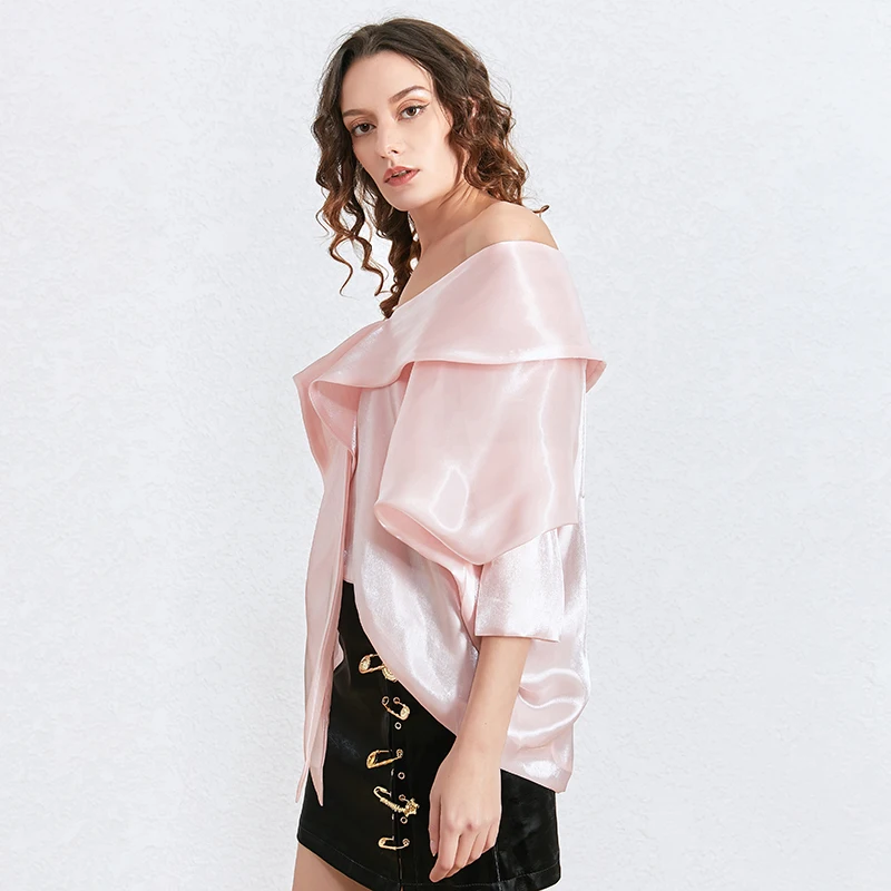 Online TWOTWINSTYLE Sexy Sicken Patchwork Frauen Bluse Stehkragen Laterne Hülse Aushöhlen Hemd Weibliche Mode Sommer 2019 Neue