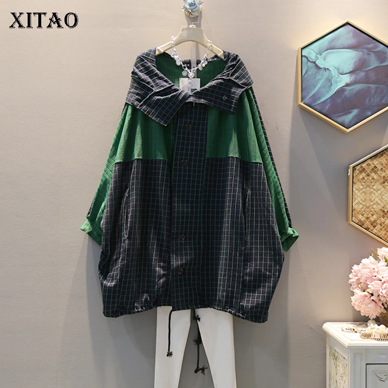 

XITAO Plaid Patchwork Hit Color Single Breasted Jackets Women 2019 Autumn Korean Style Button Up Collar Cardigan Tops GCC2001