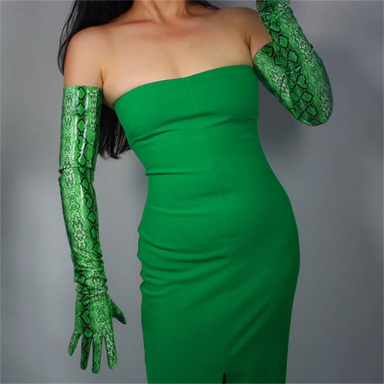 Змеиная кожа Экстра длинные перчатки 70 см длинная секция лакированная кожа эмуляция Кожа PU яркая кожа животное питон зеленая змея WPU40