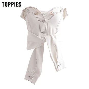 

white denim strapless cropped tops pearls button sexy tube tops 2020 summer women tank