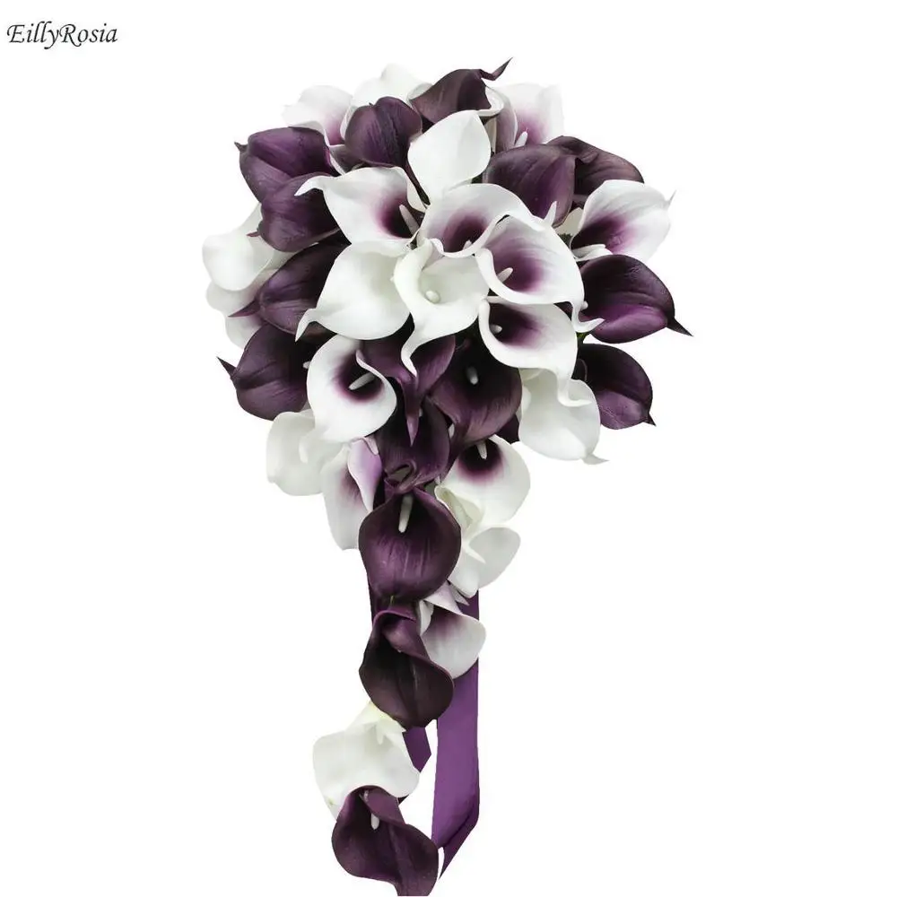 

White Purple Cascading Bridal Bouquet Artificial Tear Drop Wedding Flowers Cala Lily Waterfall Wedding Bouquet for Bridesmaid