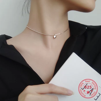 

Korea Hot Sale 100% 925 Sterling Silver Necklace Engraved Letters LUCKY Round Card Simple Trend Wind Round Bead Chain
