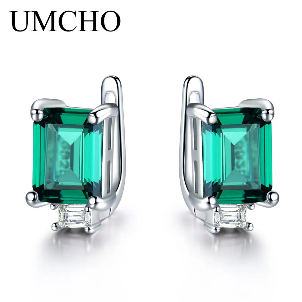 

UMCHO Solid 925 Sterling Silver Clip Earrings for Women Luxury Emerald Green Gemstone Jewelry Princess Cut May Birthstone Gift