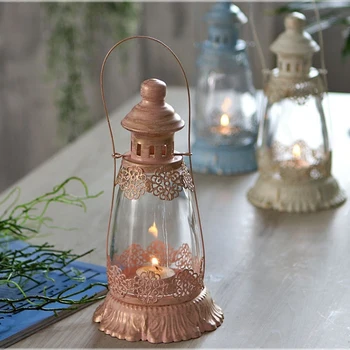 

American Carved Iron Art Candlestick Vintage Glass Lanterns Wedding Decorations Nordic Romantic Creative Valentine's Day Gift L