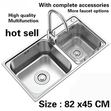 Пищевой 304 нержавеющая сталь Горячая кухонная раковина обычный двойной корыто 0,9 мм толстый прочный 82x45 см