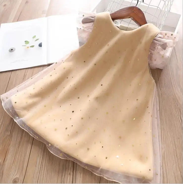 Princess Girls Stars Sequin Tulle Fly Sleeve Sweet Babe Dresses Candy Yellow Pink Color Ruffles Cute Kids Party Dresses