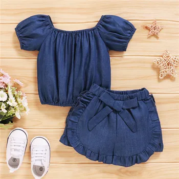 

Pudcoco Summer Infant Baby Clothing Kids Denim Clothes Puff Sleeve Tops Shorts 2Pcs Outfits Clothes 1-5Years