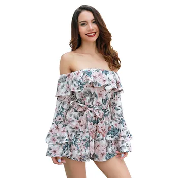 

YASUGUOJI New Women Sexy Off Shoulder Long Sleeve Playsuits Fashion Floral Ruffles Jumpsuit Women High Waist Playsuits with Belt