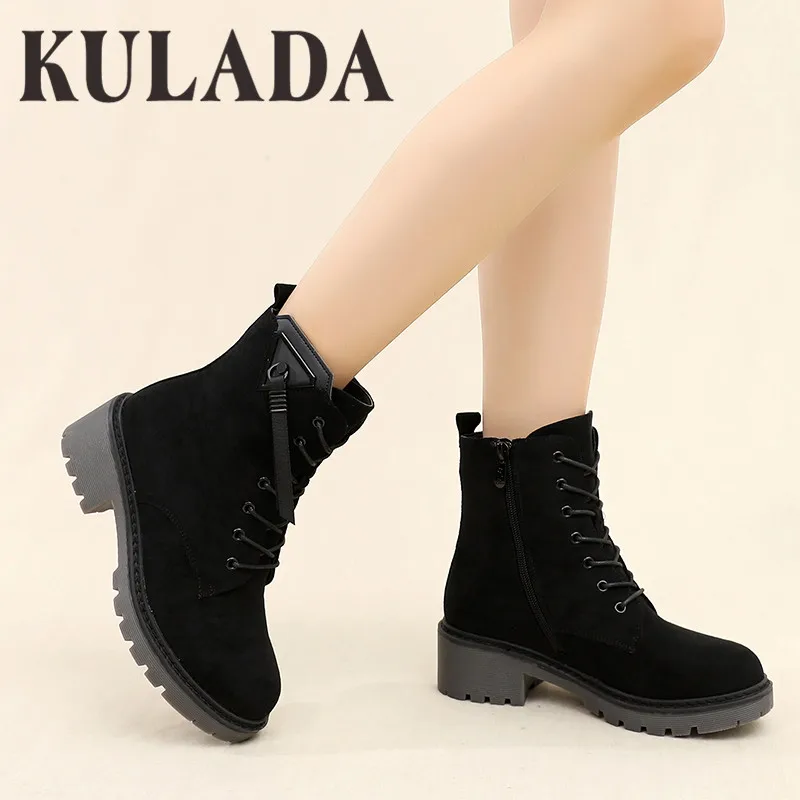 

KULADA Winter Boots Army Punk Goth Women Boots Women Biker High Quality Suede Warm Women Boots Side Zipper Female Winter Shoes