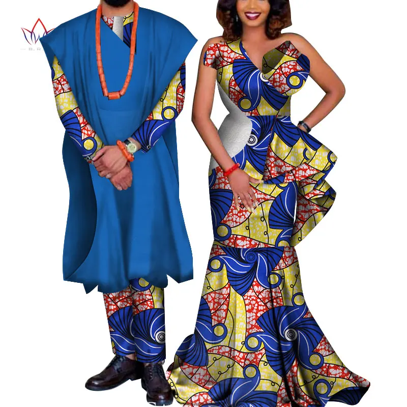 Африканская пара одежды африканские платья для женщин Базен Riche Длинные платья африканские Мужчины Печать мантия-пальто и брюки WYQ178 - Цвет: 7