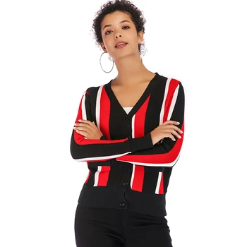 

Fashion Striped Sweater Women Long Sleeve V Neck Single Breasted Slim Knitted Cardigan Women 2019 Autumn Ladies Sweater Coats