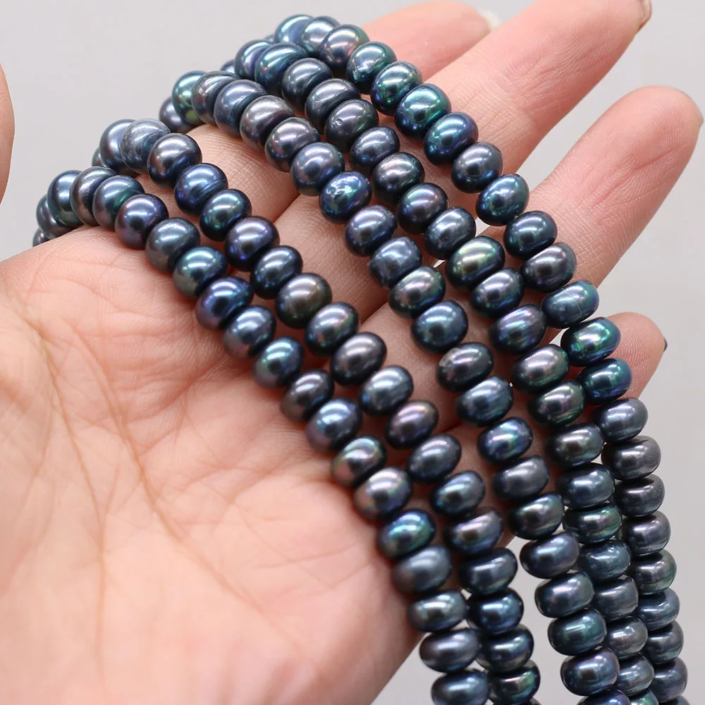 Natural Freshwater Pearls Black Flat Round Beads Jewelry Making for DIY Necklace Bracelet Accessories Size 8-9mm