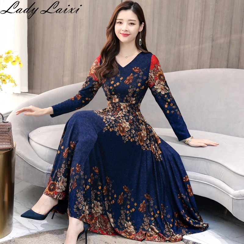 

2019 Autumn Winter High Quality New Arrival Fashion V-neck Flower Printed Long Sleeve Woman Long Dress 3XL plus size