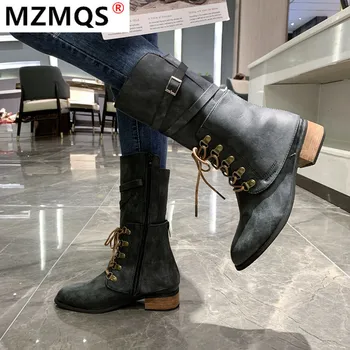 

2020 New Winter Women's Boots Fashionable Lace-up Side-pull Square-Heel Women's Boots Round-head Buckle Mid-heel Comfort Boots