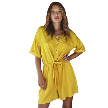 

Sexy Short Sleeve Jumpsuit Women V-Neck Buttons Beach Playsuit 2020 Summer Tunic Short Overalls Jumpsuit Casual Boho Bodysuit