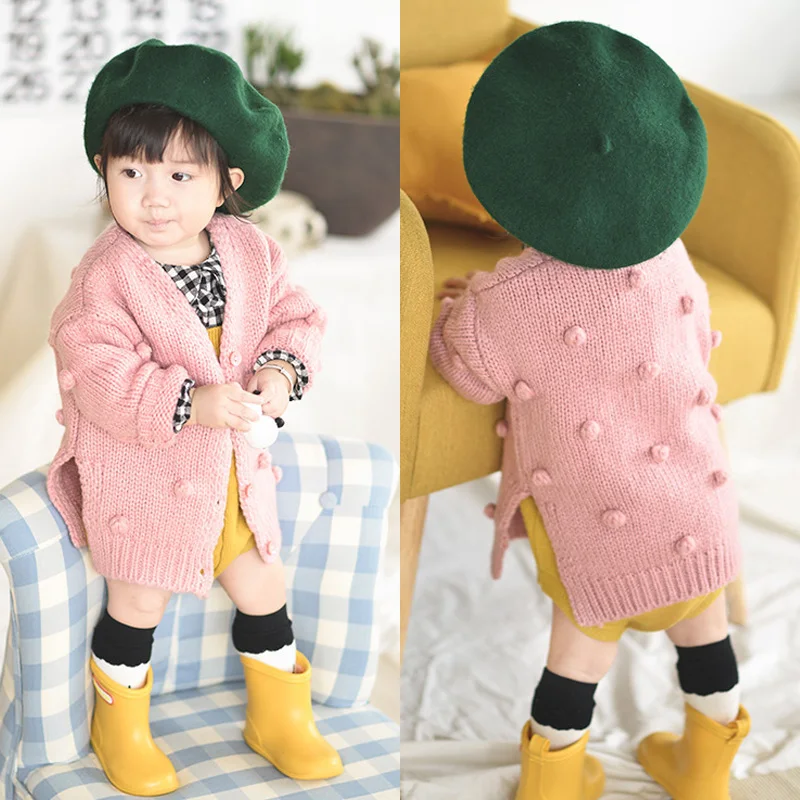 Toddler Winter Clothes Kids Baby Girl Knitted Sweater Coat Long Sleeve Solid Cardigan Jacket Small Ball Decoration Outwear