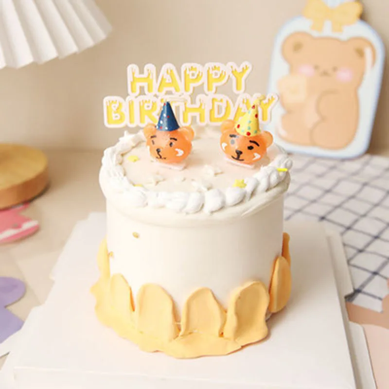 귀여운 레트로 곰 머리 케이크 장 다채로운 모자, 작은 곰 플러그인 어린이 베이킹 크리에이티브 생일 파티 생일 양초